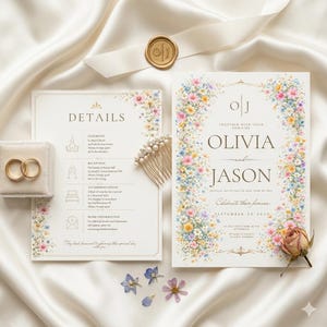 May include: Wedding invitation suite featuring floral designs and gold accents. Includes invitation cards, details card, gold wedding bands in a velvet box, a hair comb, and a wax seal. The invitation reads "Olivia and Jason" and the date.