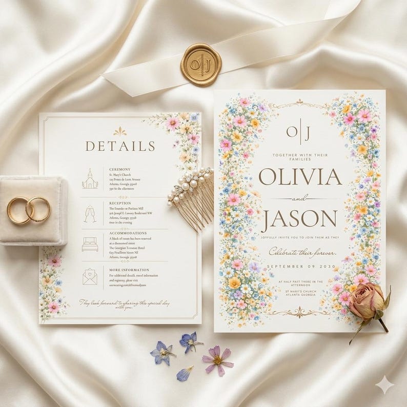 May include: Wedding invitation suite featuring floral designs and gold accents. Includes invitation cards, details card, gold wedding bands in a velvet box, a hair comb, and a wax seal. The invitation reads "Olivia and Jason" and the date.