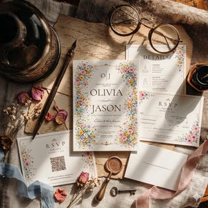 Op de afbeelding: Trouwuitnodigingsset met bloemmotieven. De hoofduitnodigingskaart toont de namen "Olivia en Jason" en de datum "09 september 2030". De set bevat RSVP- en detailkaarten, een zegel en een sleutel, op vintage papier.