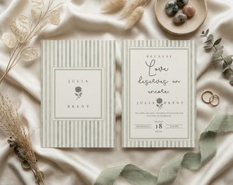 Minimalist Sage Wedding After Party Invitation Template, Editable Canva Invite, Striped Modern Romantic Suite, 2 Main Styles + Cover