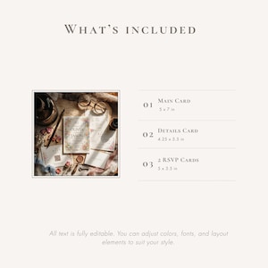 May include: A wedding invitation suite with floral design elements. The suite includes a main card (5 x 7 in), a details card (4.25 x 5.5 in), and two RSVP cards (5 x 3.5 in). The text "OLIVIA JASON" is visible on the main card. The text "WHAT'S INCLUDED" is at the top.
