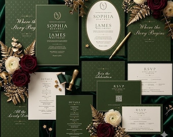 Editable Olive Green Wedding Invitation Template Set, Old Money Wedding Invite Suite, QR Code RSVP, Estate Canva Template