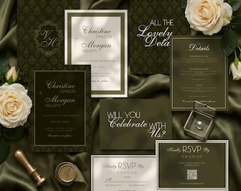 Old Money Olive Green Wedding Invitation Template, Elegant Monogram Wedding Invite Suite, Luxury Wedding Stationery, Canva Editable