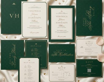 Emerald Green Wedding Invitation Template, Editable Canva Wedding Suite, Old Money Wedding Invite, QR RSVP, Estate Wedding Invitation Set