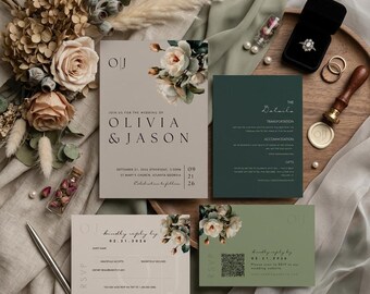 Taupe Wedding Invitation Suite | Neutral Editable Canva Template | Minimalist Botanical Invite, RSVP QR, Details Card