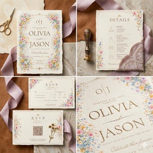 May include: Wedding invitation suite with floral accents. The invitation features the names "Olivia and Jason" and the text "Celebrate their forever." The suite includes RSVP cards and a details card, all with a delicate floral border.