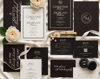 Conjunto de plantillas de invitaciones de boda Dark Espresso, conjunto de invitaciones Old Money Damask, tarjetas de confirmación de asistencia editables en Canva, invitación móvil con monograma dorado.