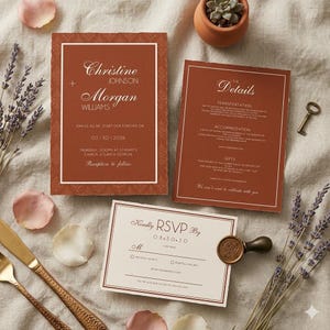 May include: A set of wedding invitations with a rustic theme. The invitations are a warm terracotta color with white text and a decorative border. The set includes an invitation, details card, and RSVP card.