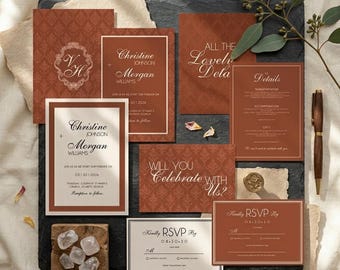 Terracotta Wedding Invitation Template Set, Burnt Orange Editable Canva Invite, QR Code RSVP, Mobile Invitation, Rustic Old Money Wedding