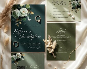 Botanical Sage Wedding Invitation Suite | Editable Canva Template | Green Floral Invite, RSVP QR, Details Card