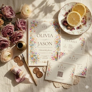 May include: Wedding invitation suite featuring floral designs. The main invitation card displays the names "Olivia and Jason" with the date "September 09 2030". Additional cards include details and RSVP information. The scene includes flowers, a pen, and a plate with lemon slices.