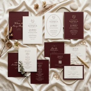 Puede incluir: Un surtido de tarjetas de invitación de boda en burdeos y crema. Las tarjetas presentan una tipografía elegante y elementos de diseño, incluyendo los nombres "Sophia Hartwell" y "James Whitmore". Algunas tarjetas incluyen el texto "Where the Story Begins" y "Join the Celebration".