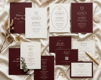 Maroon Wedding Invitation Template Set, Editable Canva Invite Suite, QR Code RSVP, Elegant Estate Wedding Invitation, Mobile Invite