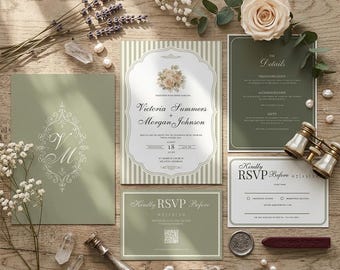Sage Green Wedding Invitation Suite, Editable Canva Invite Set, RSVP QR Code, Elegant Striped Wedding Invite, Mobile Included