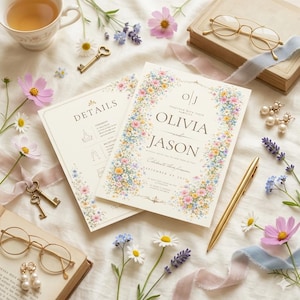 May include: Wedding invitation suite featuring floral designs. The invitation card displays the names "Olivia and Jason" with the date "September 04, 2019." Details card included. Accessories include vintage keys, glasses, and flowers.