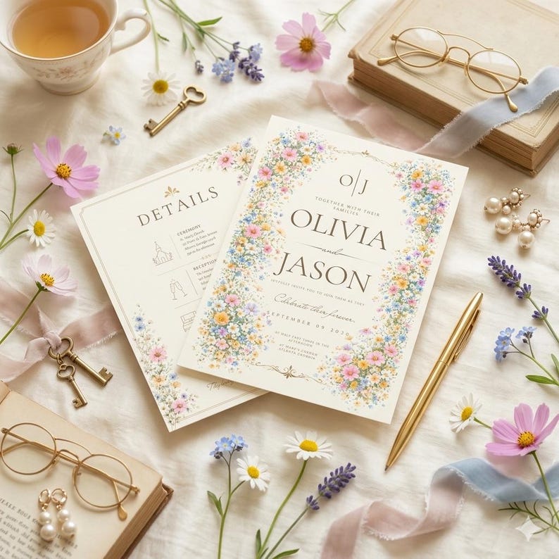 May include: Wedding invitation suite featuring floral designs. The invitation card displays the names "Olivia and Jason" with the date "September 04, 2019." Details card included. Accessories include vintage keys, glasses, and flowers.