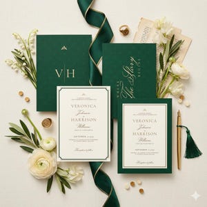 Könnte beinhalten: Ein Hochzeitspapeterie-Set mit dunkelgrünen und cremefarbenen Karten mit Goldfolienprägung. Der Text enthält die Namen Veronica Johnson und Harrison Williams, das Datum 21. September 2024 und den Schriftzug Where the Story Begins. Inklusive Goldstift.