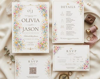 Wildflower Wedding Invitation Template, Editable Floral Wedding Invite Suite, QR Code RSVP, Garden Wedding Invitation, Canva Template
