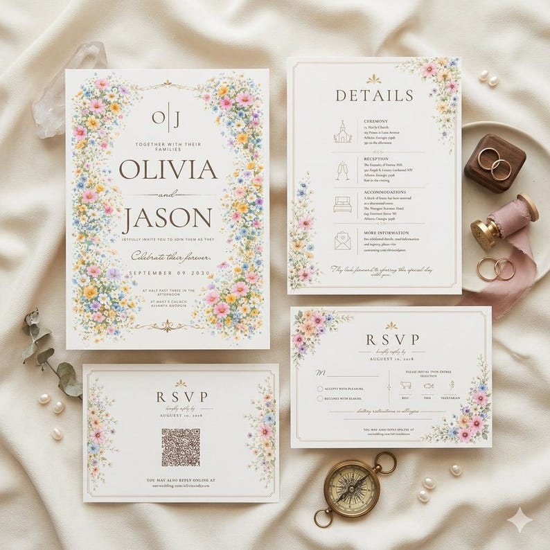 May include: A set of wedding stationery featuring floral designs. The invitation card displays the names "Olivia" and "Jason" with the date "September 09 2010". Other cards include details and RSVP information. A compass and rings are also present.