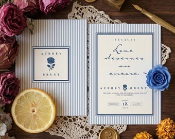 Blue Striped Canva Wedding After Party Invitation Template, Editable Invite, Vintage French Stripe Suite, Mobile Wedding Invitation