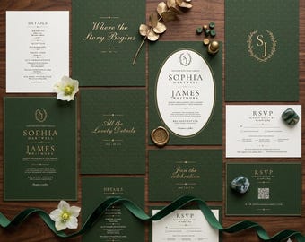 Editable Olive Green Wedding Invitation Template Set, Old Money Wedding Invite Suite, QR Code RSVP, Estate Canva Template
