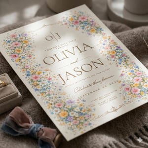 May include: A wedding invitation with floral border. The invitation features the names "Olivia and Jason" in elegant script. The text includes "Celebrate their forever" and the date "September 09 2030". The invitation is on a cream background.