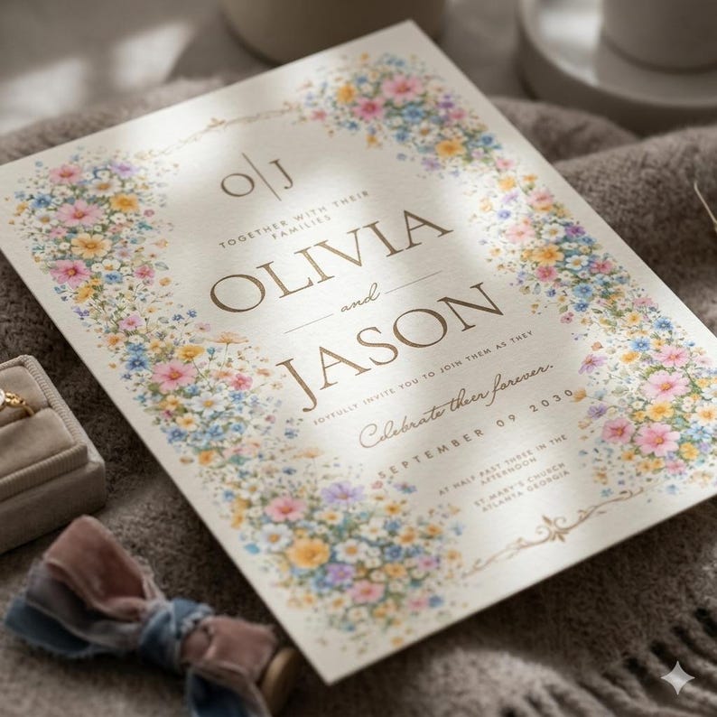 May include: A wedding invitation with floral border. The invitation features the names "Olivia and Jason" in elegant script. The text includes "Celebrate their forever" and the date "September 09 2030". The invitation is on a cream background.