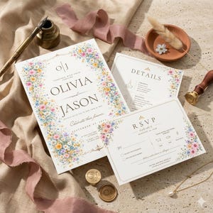 May include: Wedding invitation suite featuring floral accents. The main invitation card displays "Olivia and Jason" with "Celebrate their forever" text. RSVP and details cards are also included, along with wax seals and a necklace.