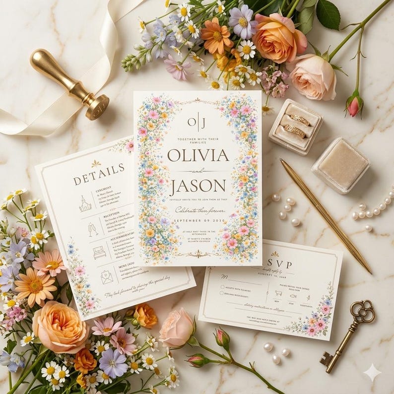 May include: Wedding invitation suite featuring floral designs and the names "Olivia and Jason." The suite includes an invitation, details card, and RSVP card. Gold pen, rings, key, and wax seal are also present, along with a bouquet of flowers.