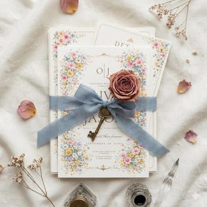 May include: Wedding invitation suite featuring floral designs and a dusty rose. The invitation is tied with a light blue ribbon and a vintage key charm. The suite includes a main invitation, RSVP card, and details card.