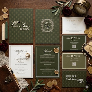 May include: An elegant wedding invitation suite with olive green and gold accents. The suite includes invitations, RSVP cards, and detail cards. The text "Where Our Story Begins" is visible on one card. Gold wax seals and a vintage clock add to the aesthetic.