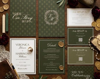 Old Money Olive Green Wedding Invitation Template, Elegant Monogram Wedding Invite Suite, Luxury Wedding Stationery, Canva Editable