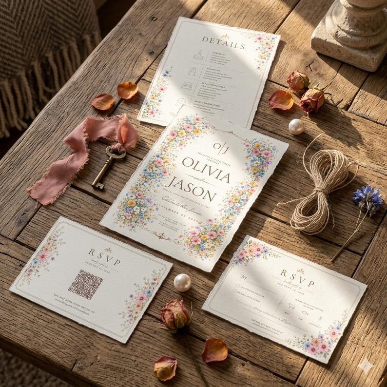 May include: Wedding invitation suite with floral border. The suite includes an invitation, RSVP card, details card, and RSVP return card. The invitation features the names "Olivia" and "Jason". The suite is arranged on a rustic wooden surface with decorative elements.