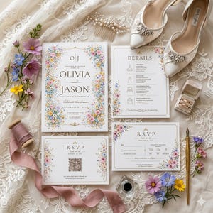 May include: Wedding stationery set featuring floral designs. Includes invitation, details, and RSVP cards, along with white bridal shoes, a hair comb, and wedding rings. The invitation reads "Olivia and Jason" with the date.