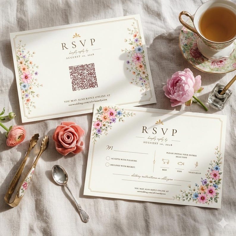 May include: Elegant RSVP cards with floral accents and gold trim. The cards feature the text "RSVP" and "August 16, 2028". A teacup, flowers, and serving utensils are also present, creating a sophisticated aesthetic.