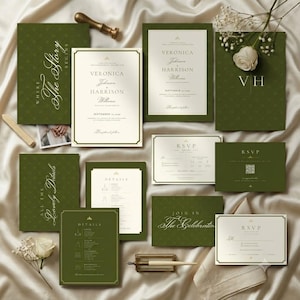 May include: A wedding stationery suite featuring dark olive green and cream cards with gold foil accents. The set includes invitations, RSVP cards, and detail cards with elegant serif typography, the text Where The Story Begins, and VH initials.