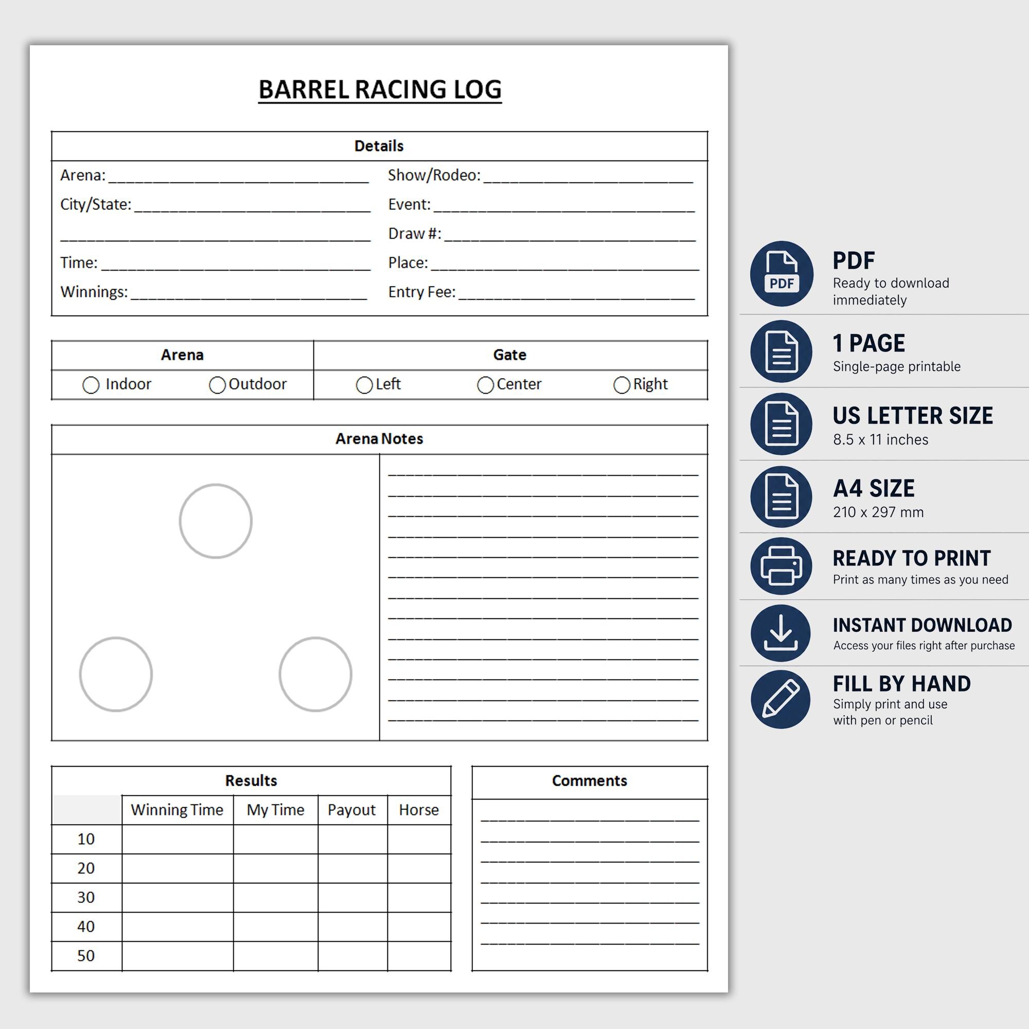 Printable Barrel Racing Log | Barrel Racing Record Sheet | Horse Event ...