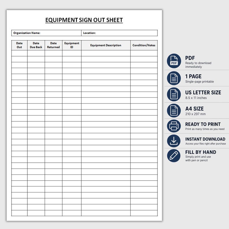 Printable Equipment Sign Out Sheet | Equipment Checkout Log | Tool Sign ...
