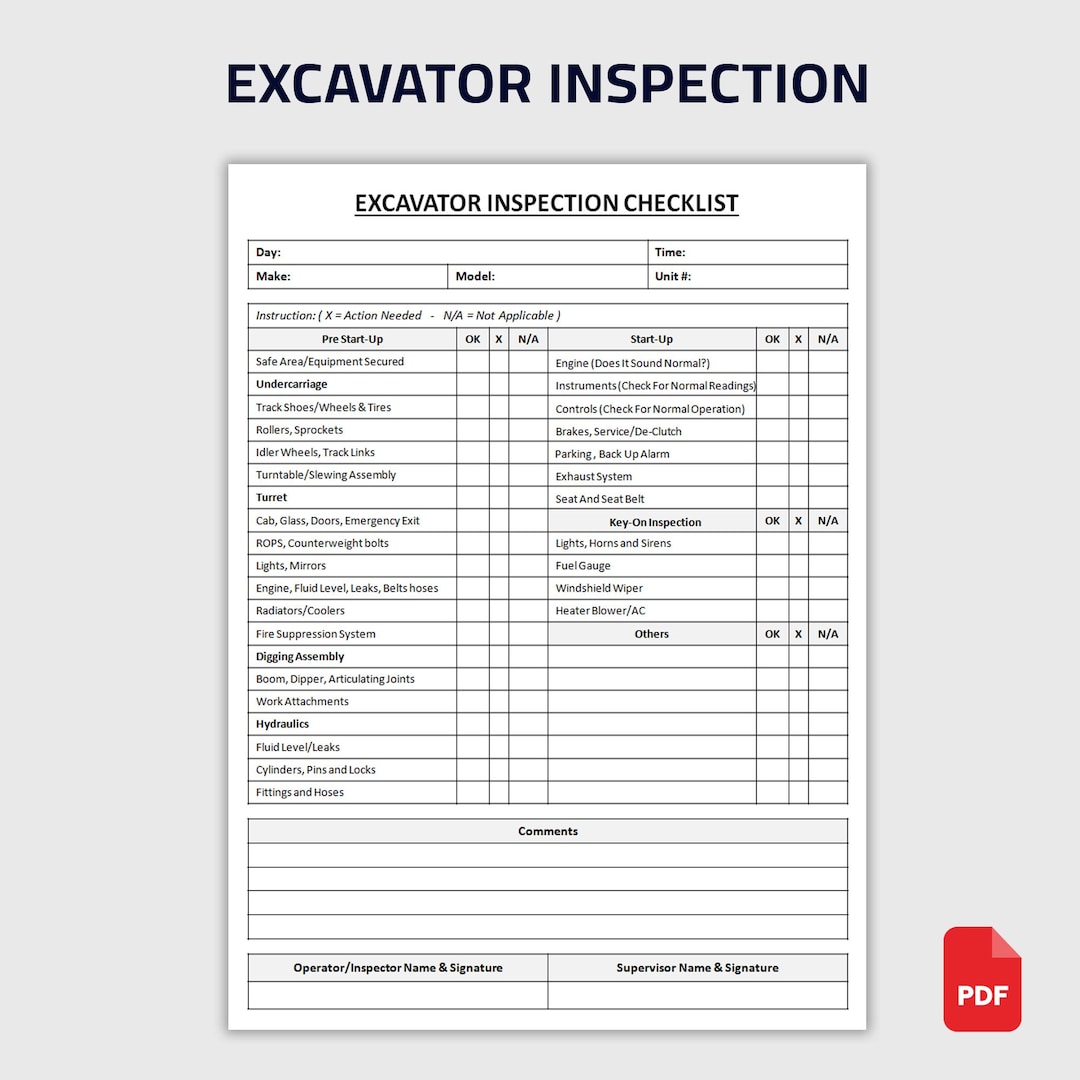 Printable Excavator Inspection Checklist | Equipment Safety Checklist ...