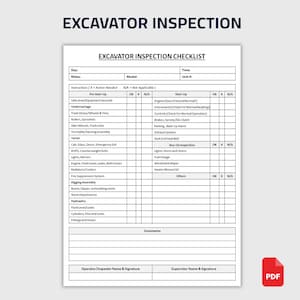 May include: A white excavator inspection checklist with the title "EXCAVATOR INSPECTION" at the top. The checklist includes sections for pre-start-up, undercarriage, digging assembly, and hydraulics. A red PDF icon is in the bottom right corner.