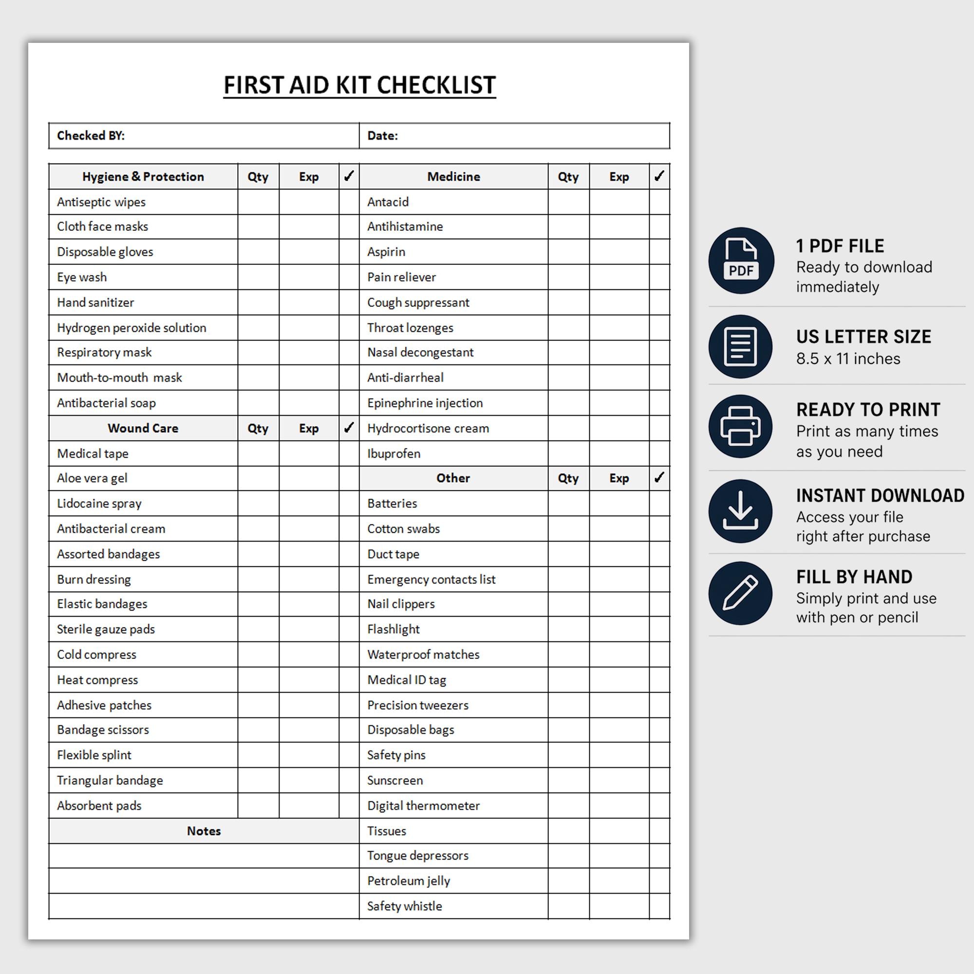 Printable First Aid Kit Checklist | First Aid Supply Check List ...