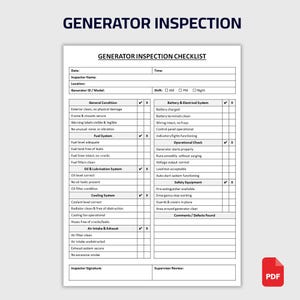 Puede incluir: Una lista de verificación de inspección del generador en blanco con texto negro. La lista de verificación incluye secciones para la condición general, el sistema de combustible, el aceite y la lubricación, el sistema de refrigeración, la entrada y el escape de aire y el sistema eléctrico.