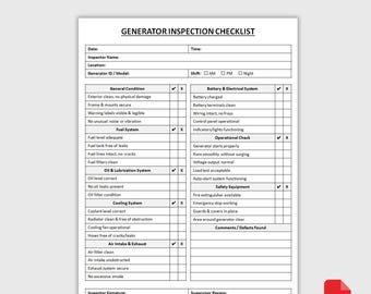 Druckbare Checkliste für die Generatorinspektion | Checkliste für die Sicherheit der Ausrüstung | Form zur täglichen Kontrolle | Wartungsbuch | PDF-Download