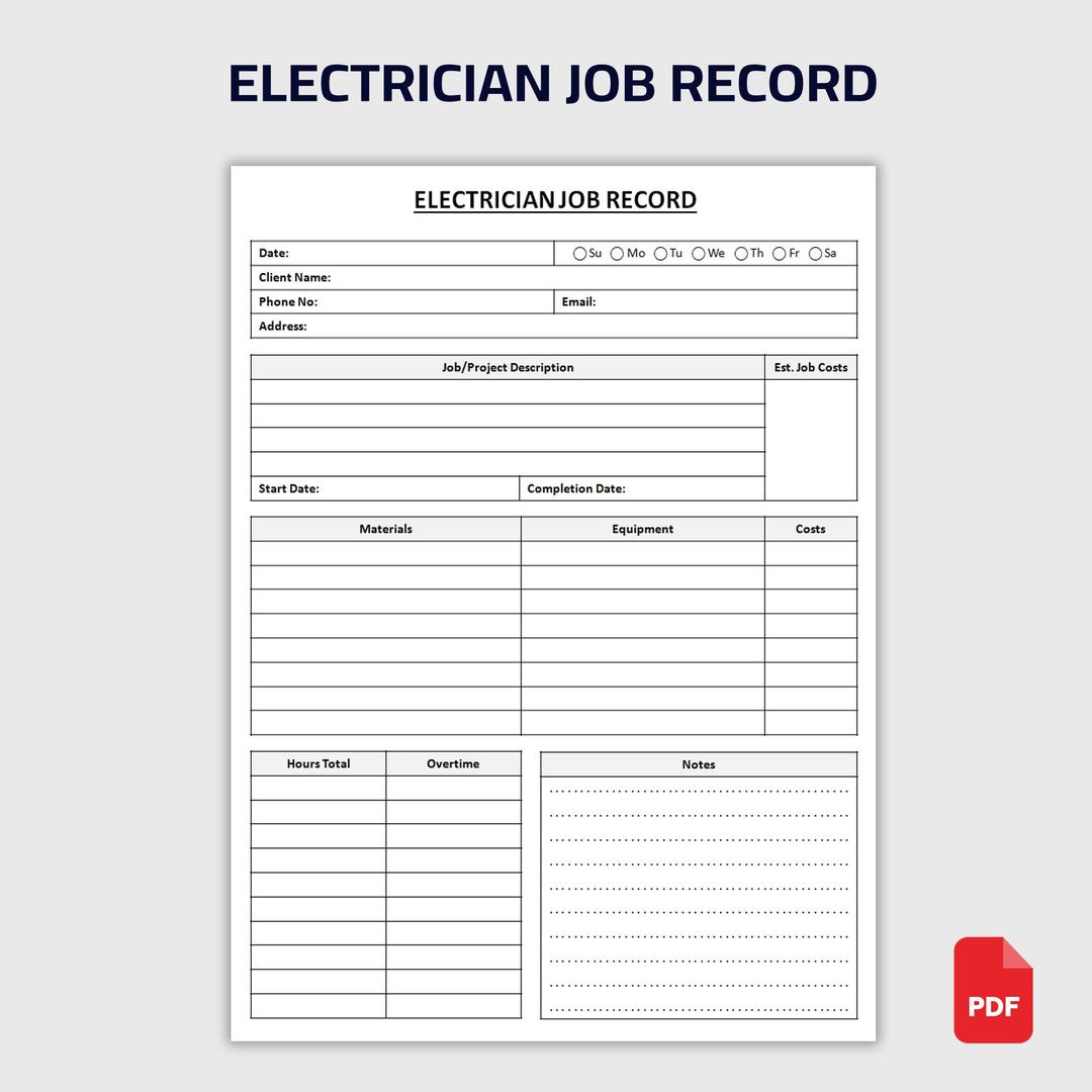 Printable Electrician Job Record | Electrical Service Log | Job ...