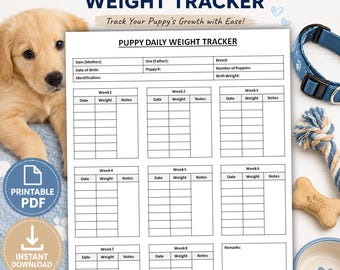 Druckbare Welpen tägliche Gewicht Tracker | Neugeborene Welpen Gewicht Tabelle | Hundegewicht Log | 8-Wochen-Rekordbogen | PDF-Download