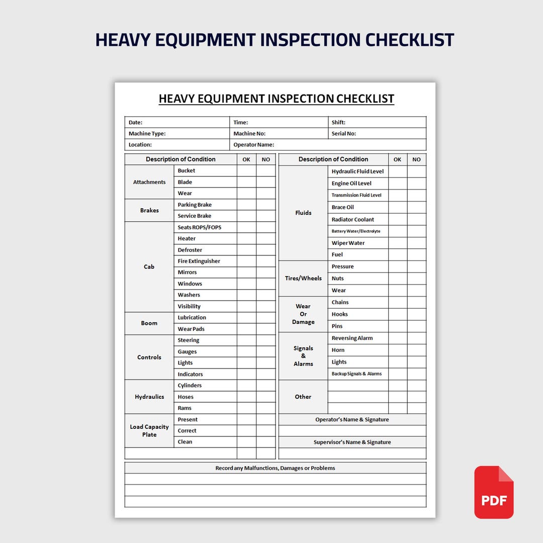 Printable Heavy Equipment Inspection Checklist | Equipment Safety ...