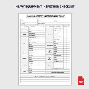 Pode incluir: Um documento branco intitulado "LISTA DE VERIFICAÇÃO DE INSPEÇÃO DE EQUIPAMENTOS PESADOS" com uma lista de verificação detalhada para máquinas pesadas. A lista de verificação inclui seções para acessórios, freios, cabine, lança, controles, hidráulica e placa de capacidade de carga.