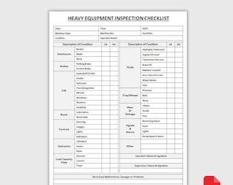 Druckbare Checkliste für die Prüfung schwerer Geräte | Checkliste für die Sicherheit der Ausrüstung | Form zur täglichen Kontrolle | PDF-Download