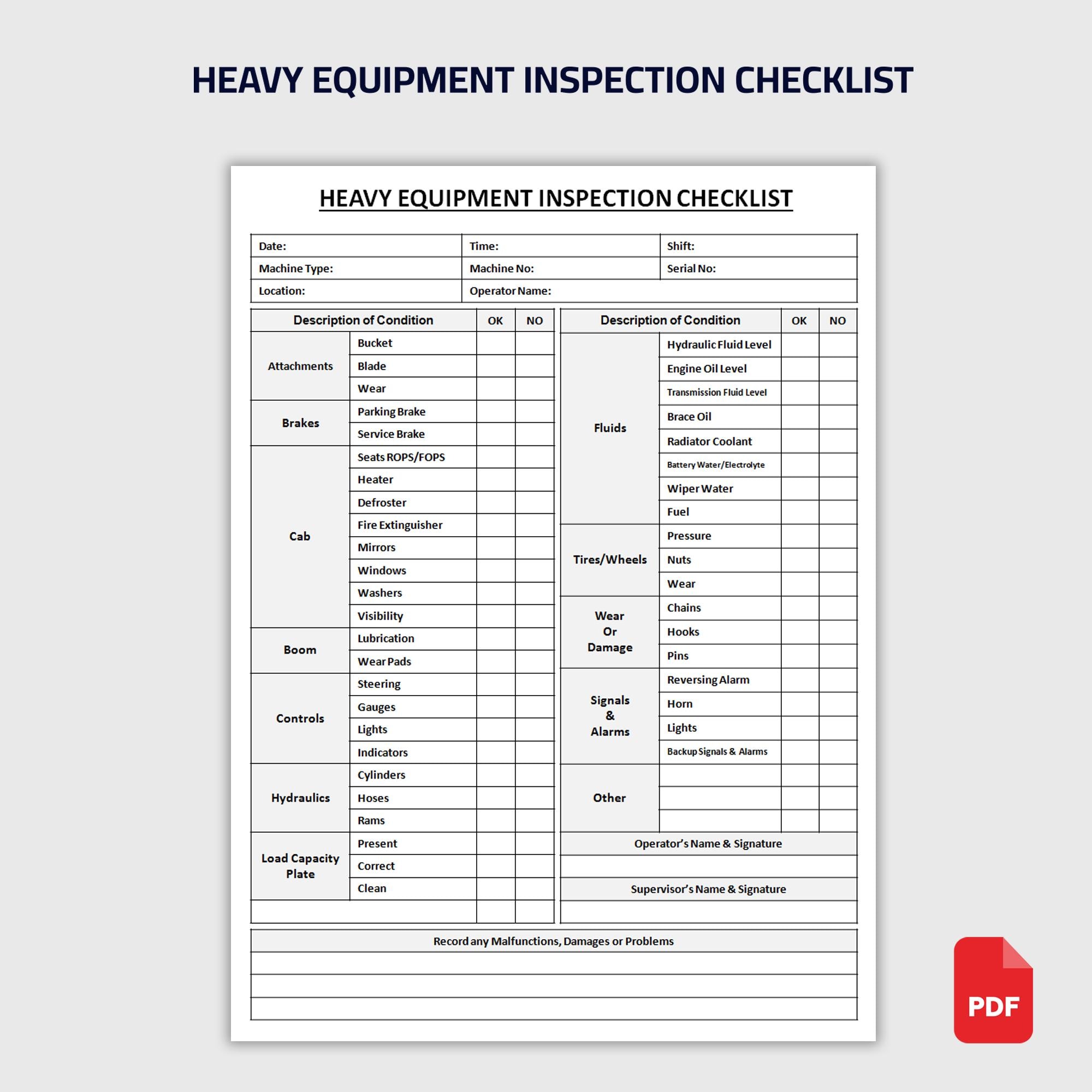 Printable Heavy Equipment Inspection Checklist | Equipment Safety ...