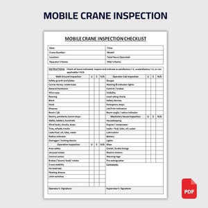Puede incluir: Un documento blanco titulado "MOBILE CRANE INSPECTION CHECKLIST" con una lista de verificación de elementos a inspeccionar. El documento incluye secciones para la fecha, el modelo y la información del operador. El documento está en formato PDF.